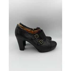 Clarks Flyrt Fancy Womens Black Monk Strap Leather Heel Ankle Booties Size 10